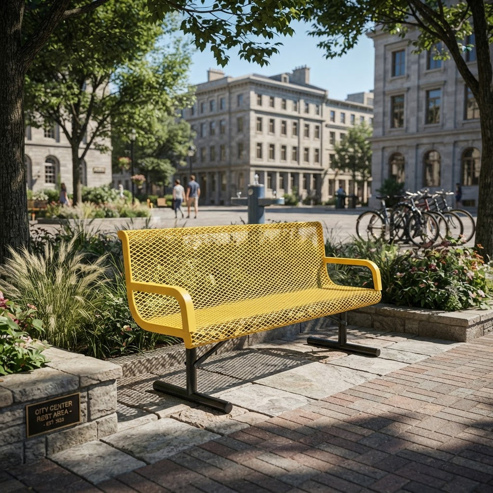 A bright yellow metal bench with a perforated mesh seat and back, situated outdoors on a paved plaza in a park-like urban setting with trees, buildings, and bicycles in the background.
