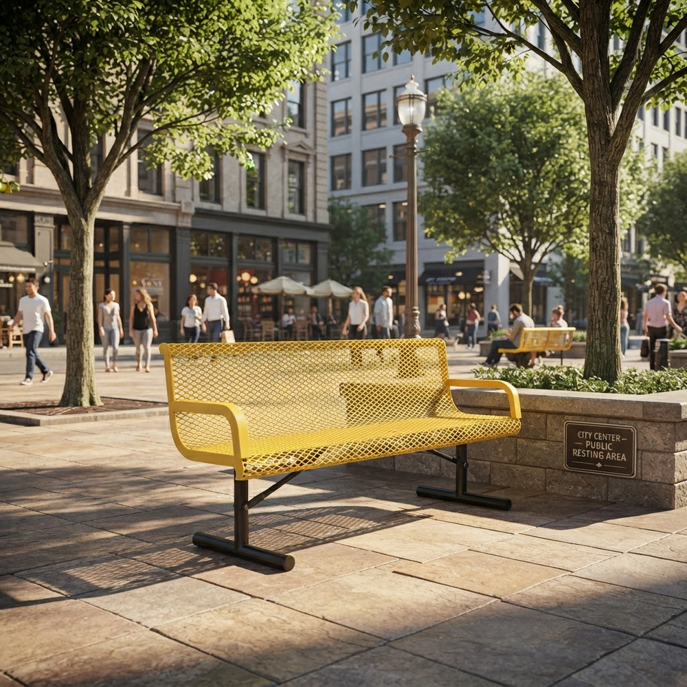 A bright yellow metal mesh park bench with black legs in a sunny urban plaza, surrounded by trees, pedestrians, and city buildings.