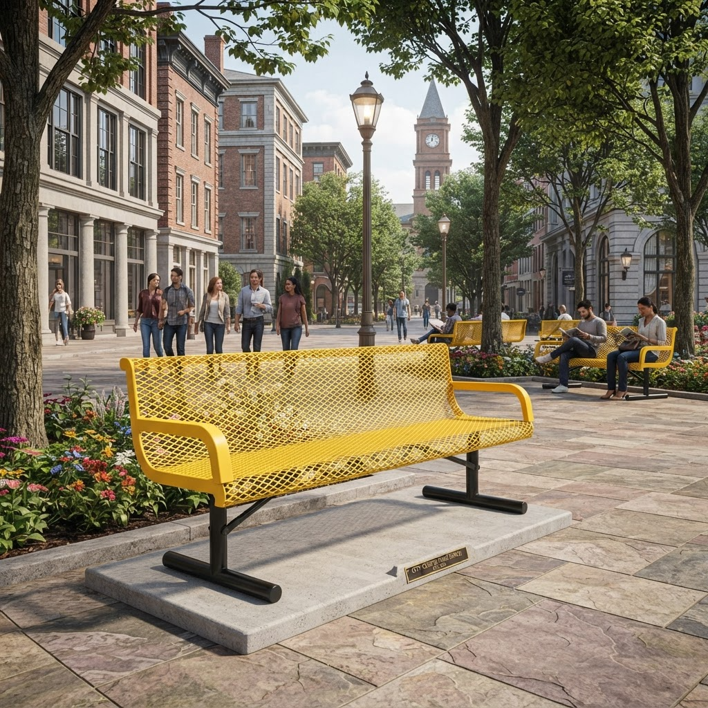 A bright yellow metal mesh park bench with black legs mounted on a stone base, shown in a real outdoor plaza with trees, pedestrians, and buildings in the background.