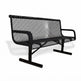 A black metal mesh bench with armrests and a slatted seat, shown on a plain white studio background.