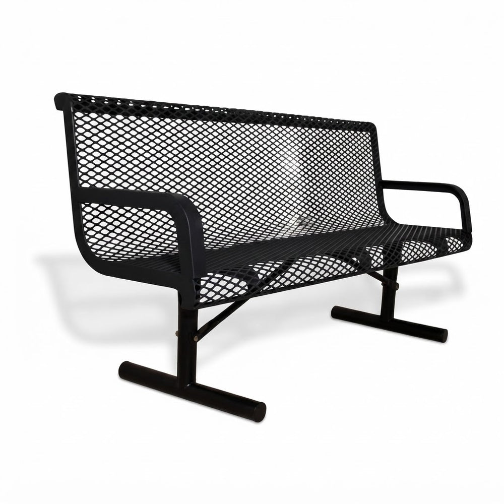 A black metal mesh bench with armrests and a slatted seat, shown on a plain white studio background.