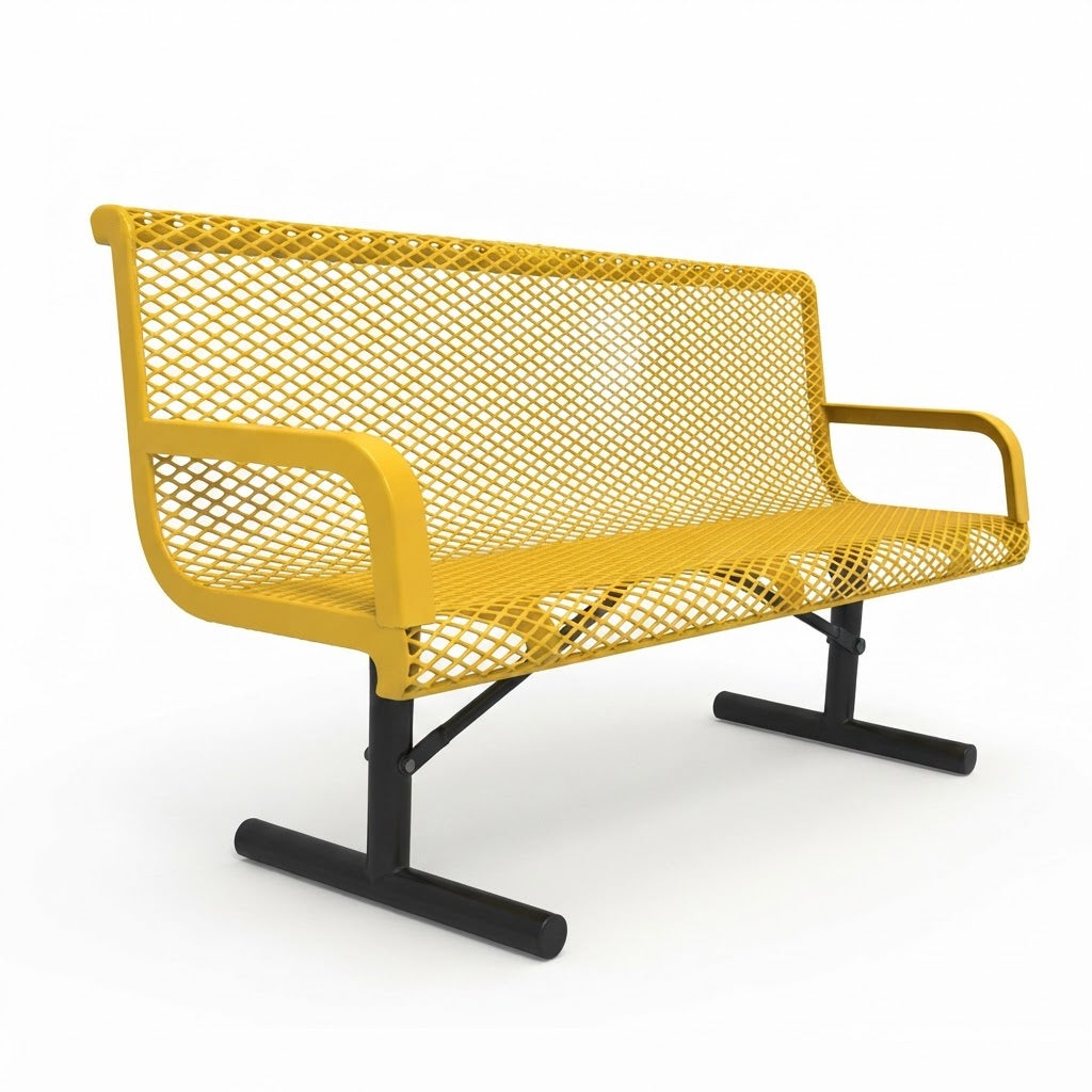 A yellow metal mesh bench with black support legs, shown on a clean white background.