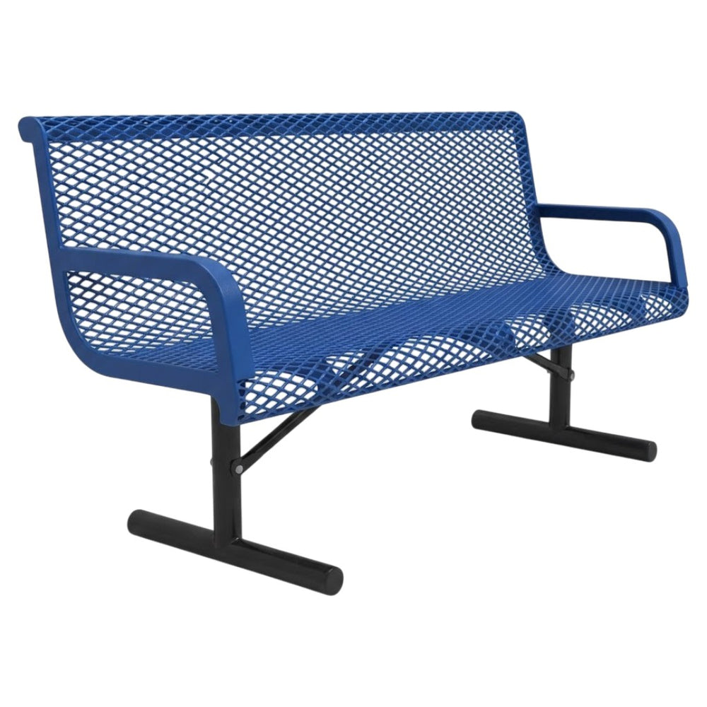 A blue metal mesh waiting bench with black support legs, shown on a plain white background.