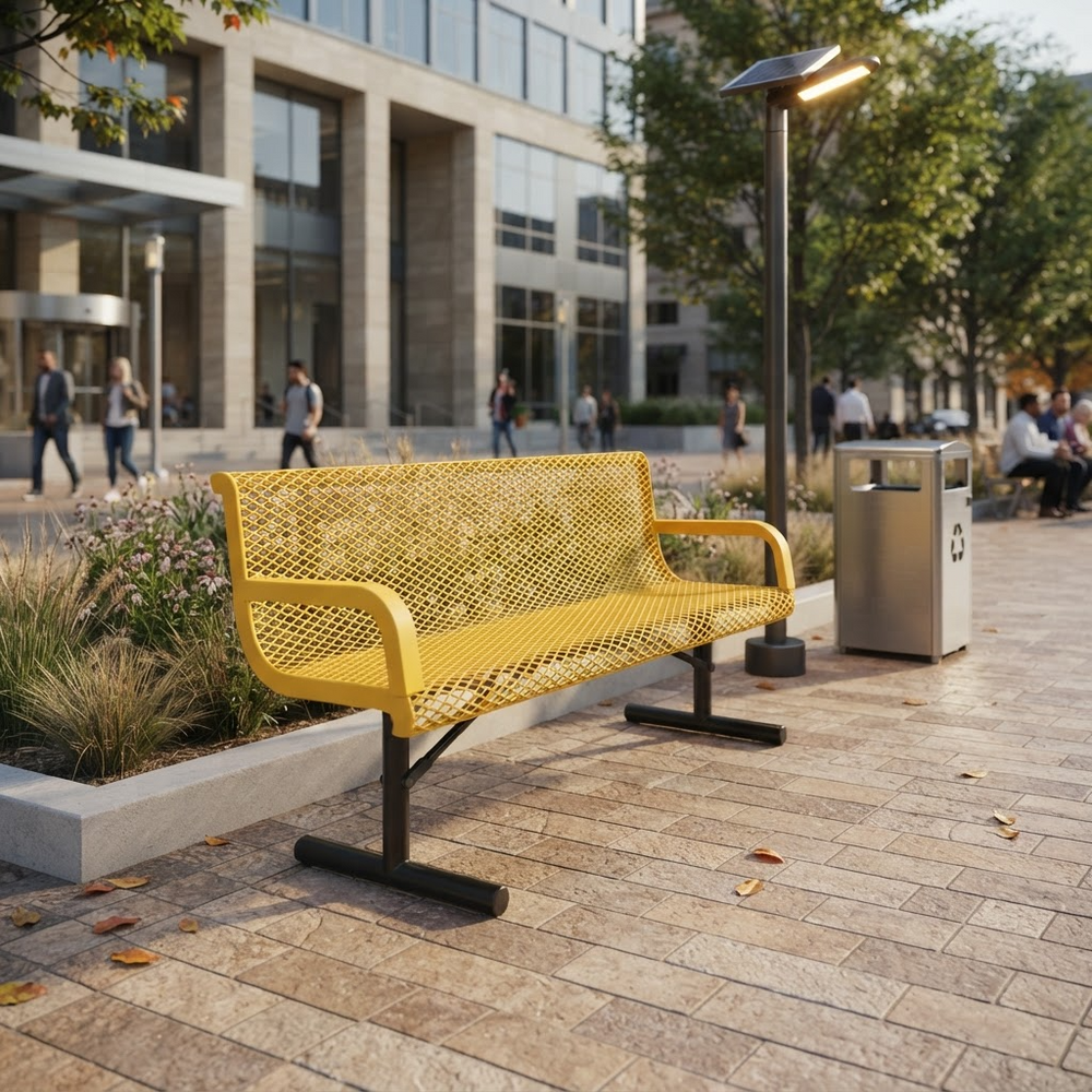 A bright yellow mesh metal bench with black legs in an outdoor urban plaza setting, with a trash can, street lamp, and modern building in the background.