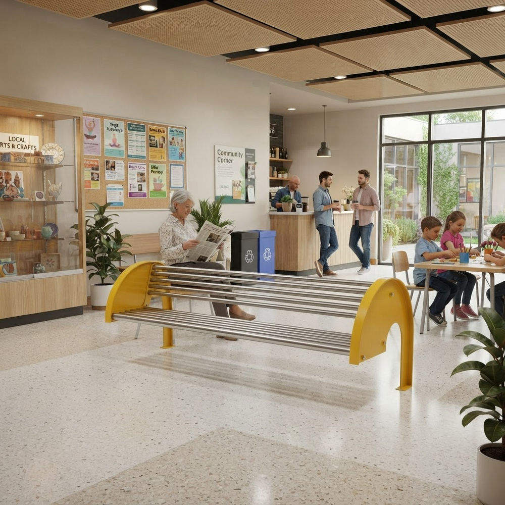 A modern indoor community space with a long bench featuring yellow curved armrests and silver metal slats, shown in a bright library or center. Several people are present, including a woman reading a newspaper on the bench and children seated at tables nearby.