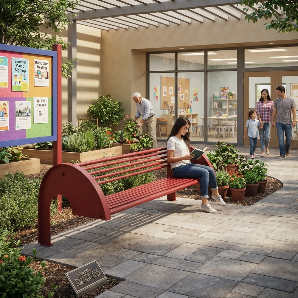 A red outdoor bench in a school courtyard, with a woman sitting on it and reading a book. The scene includes a paved walkway, potted plants, a garden bed, a school building with large windows, and several people in the background.