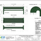 Technical dimension drawing of a green curved steel roof bench with front elevation, plan view, section cut, and specifications box on a white background.