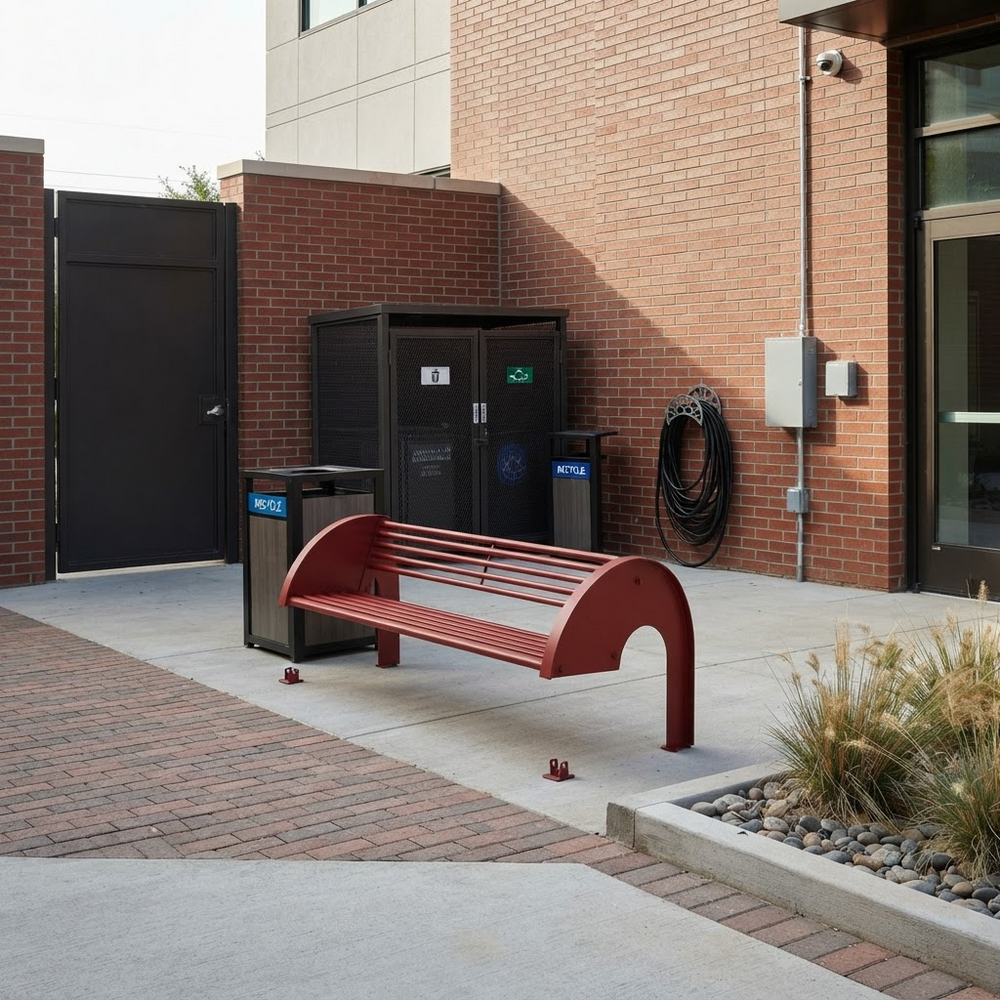 A red outdoor bench placed in a paved courtyard beside a brick building, with recycling bins, a hose reel, and landscaping visible in the background.
