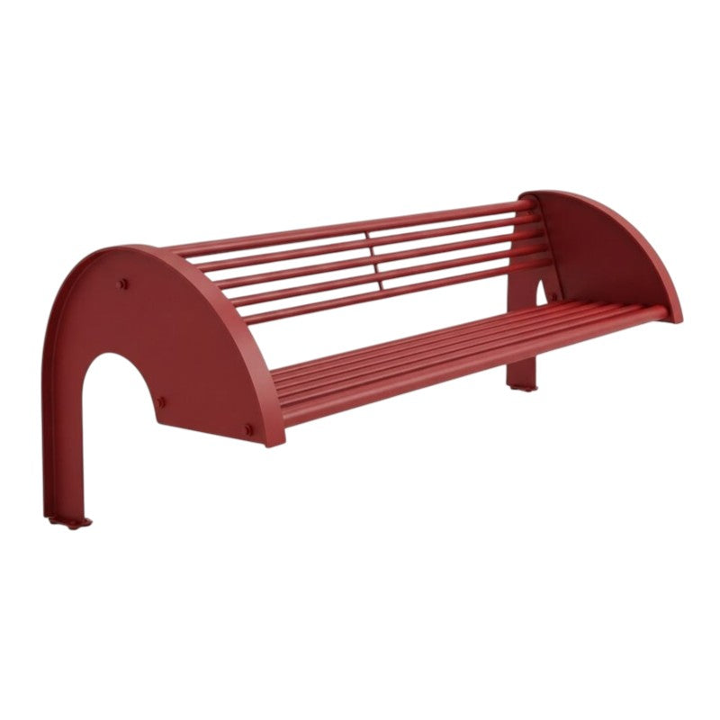 A red metal outdoor bench with a curved backrest and seat slats, isolated on a white background.
