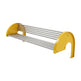 A metal shoe rack with a bright yellow frame and multiple parallel silver metal rods, shown on a plain white background.