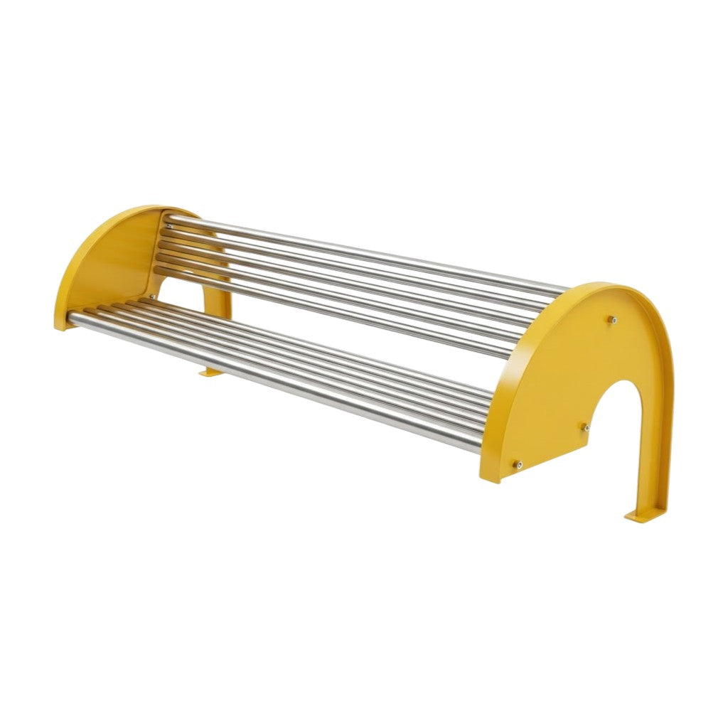 A metal shoe rack with a bright yellow frame and multiple parallel silver metal rods, shown on a plain white background.