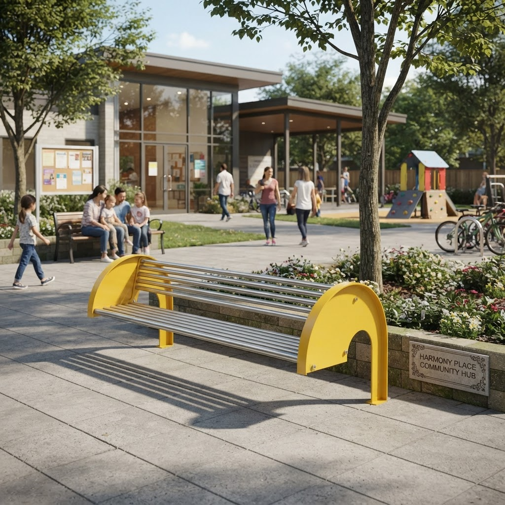 A modern outdoor park bench with bright yellow curved supports and silver metal slats, situated in a sunny urban plaza with people walking and sitting nearby.