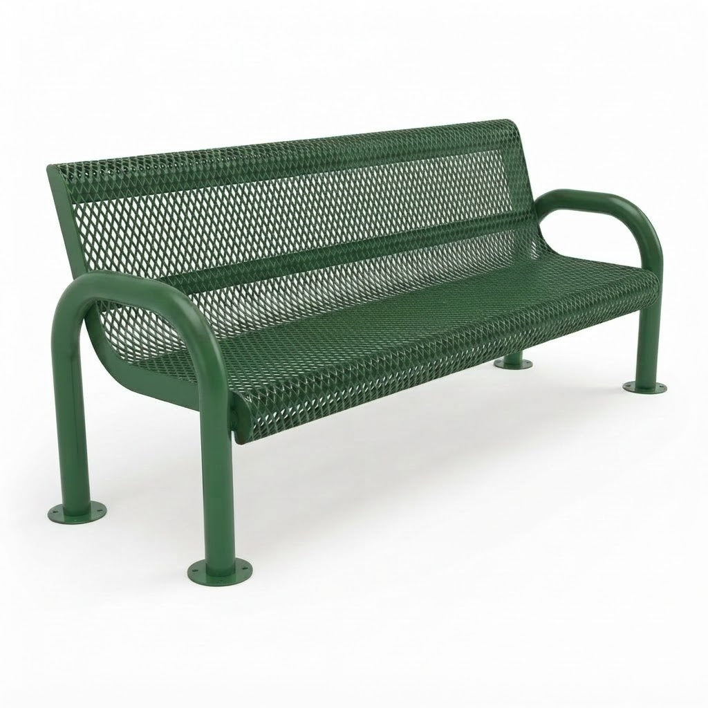 A green metal mesh park bench with curved armrests and round base feet, shown on a plain white studio background.