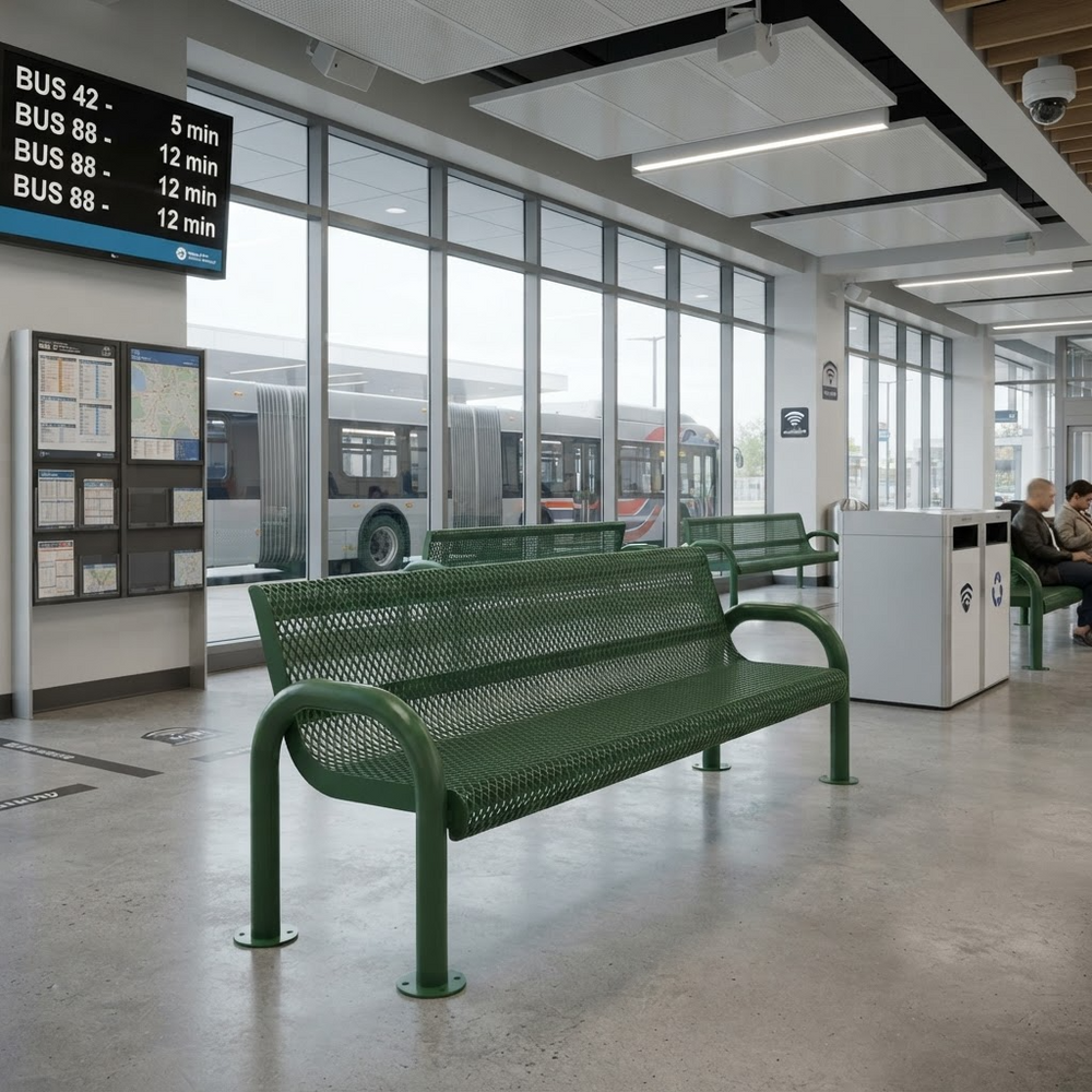 A green metal bench with a perforated mesh back and seat is shown in a modern transit station interior with large windows, bus departure boards, and other seating visible.