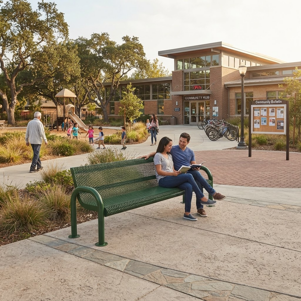 A green metal bench in a sunny outdoor campus setting, with a couple sitting on it reading a book. In the background, a woman walks past a brick community building with trees and playground equipment visible.