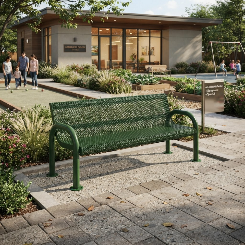 A green metal mesh park bench in the foreground of an outdoor plaza, with a modern building, landscaped plants, and a few people walking in the background.