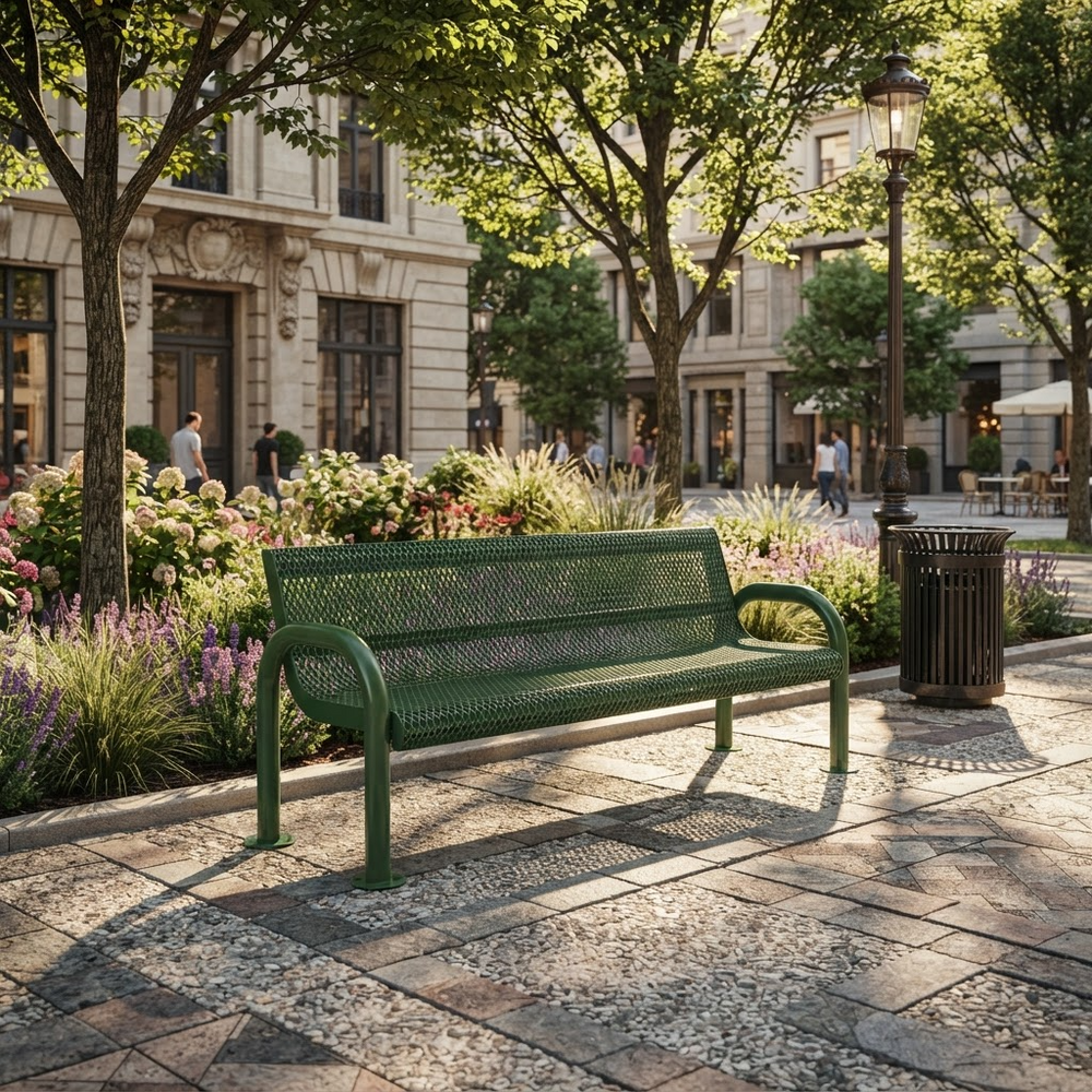 A green metal park bench sits on a stone plaza in a city park, surrounded by trees, flowers, buildings, and a trash can.
