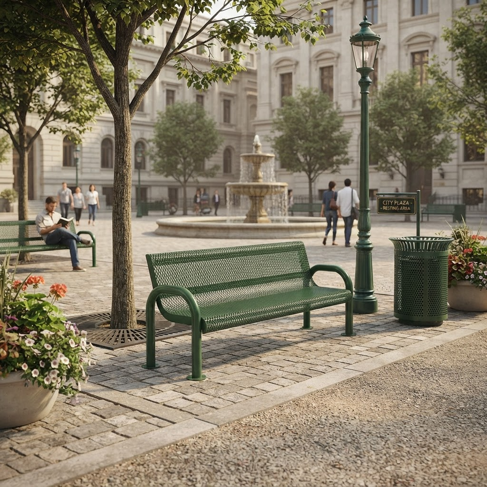 A green metal mesh park bench in a city plaza, shown in a real outdoor environment with trees, a fountain, pedestrians, a lamppost, and a trash can.