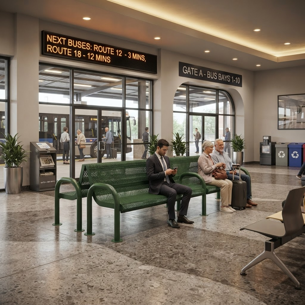 A modern airport or transit center waiting area with green metal benches, travelers seated, large glass windows, and digital departure boards overhead.