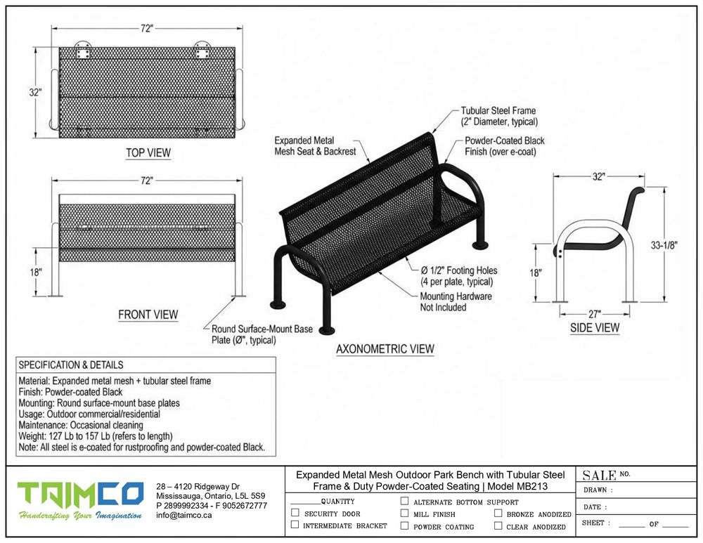 Technical specification sheet and dimension diagram for an Expanded Metal Mesh outdoor park bench with a Tubular Steel frame, showing top, front, side, and axonometric views with measurements and details.