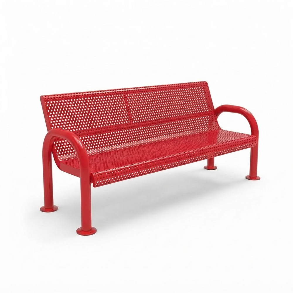 A red metal bench with a perforated mesh backrest and seat, featuring curved armrests and four legs, shown on a plain white background.