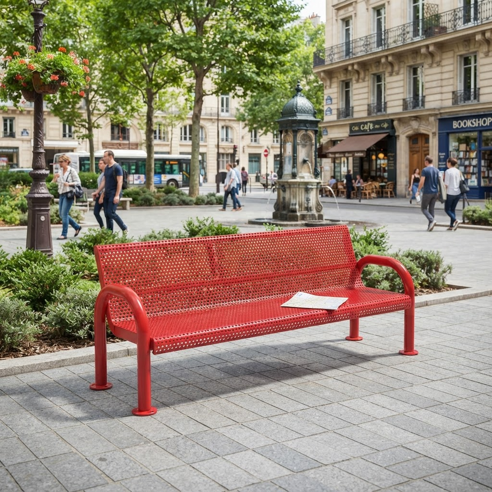 A bright red perforated metal bench situated on a paved plaza in an urban park setting, with trees, pedestrians, and buildings in the background.