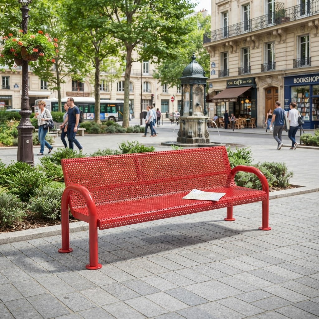 A bright red perforated metal bench situated on a paved plaza in an urban park setting, with trees, pedestrians, and buildings in the background.