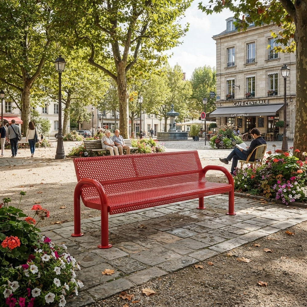 A bright red metal park bench with a perforated slat design, situated in a sunny, tree-lined urban plaza with people sitting and walking in the background.