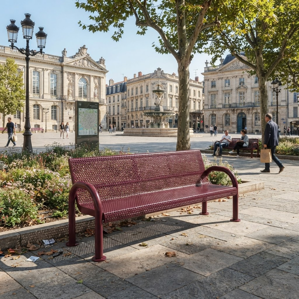 A maroon metal bench with a perforated backrest sits on a stone plaza in a city square, with trees, historic buildings, and a few pedestrians in the background.