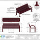 Technical drawing of a red metal outdoor park bench with front and side elevation views, dimensions, callouts, and a frame detail inset on a white background. Trimco branding appears at the bottom.