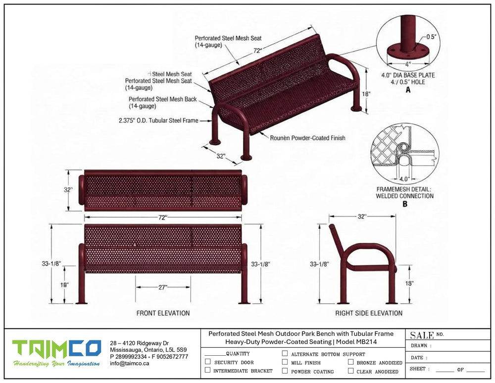 Technical drawing of a red metal outdoor park bench with front and side elevation views, dimensions, callouts, and a frame detail inset on a white background. Trimco branding appears at the bottom.