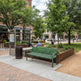 A green metal park bench sits on a paved plaza in a city square, with trees, landscaped planters, people sitting nearby, and storefront buildings in the background.