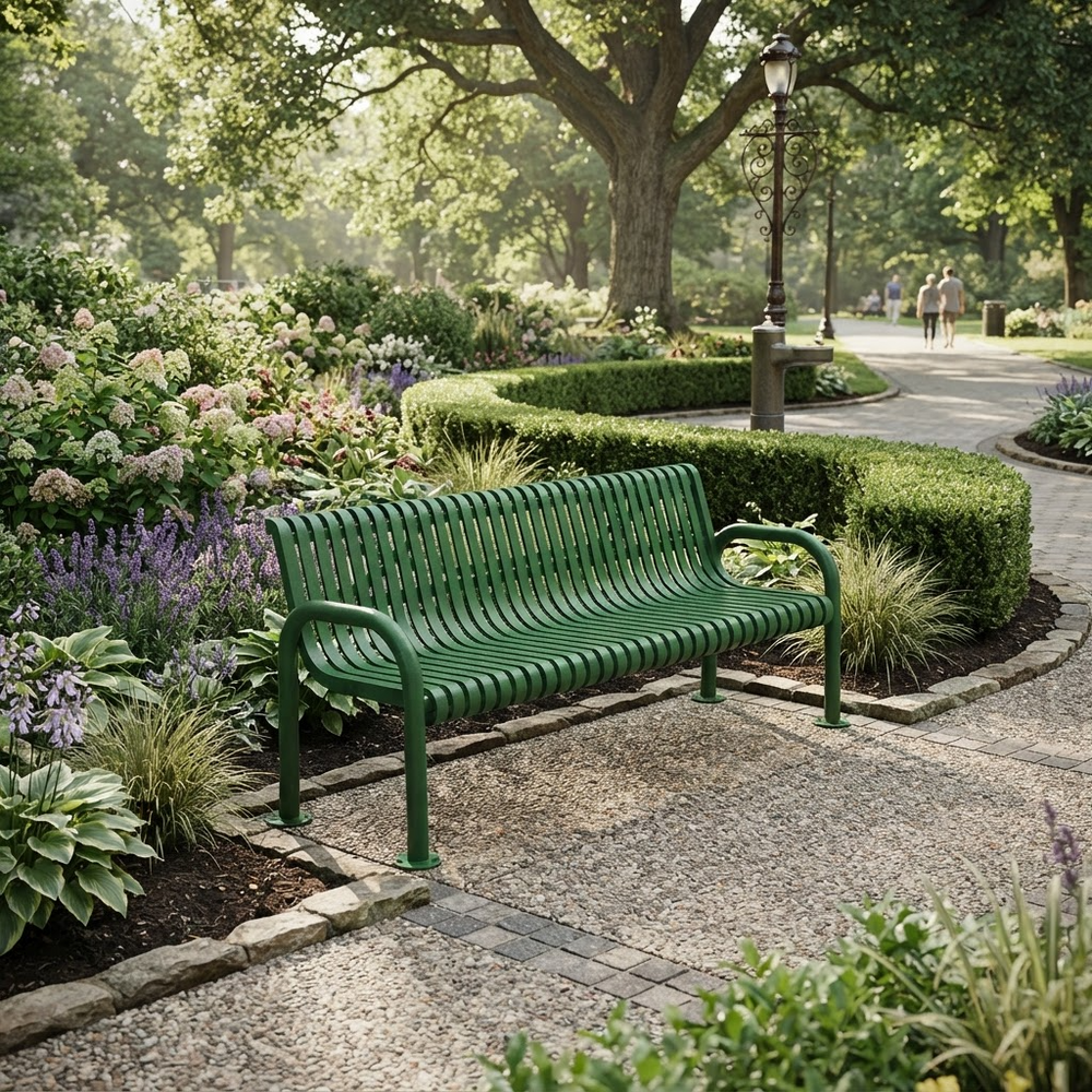 A green slatted metal park bench situated on a paved pathway in a lush, green park with trees, flower beds, and garden hedges.