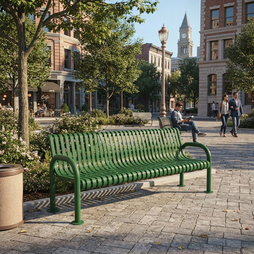 A green metal park bench in a paved urban plaza, with a person seated on the bench and buildings, trees, and pedestrians in the background.