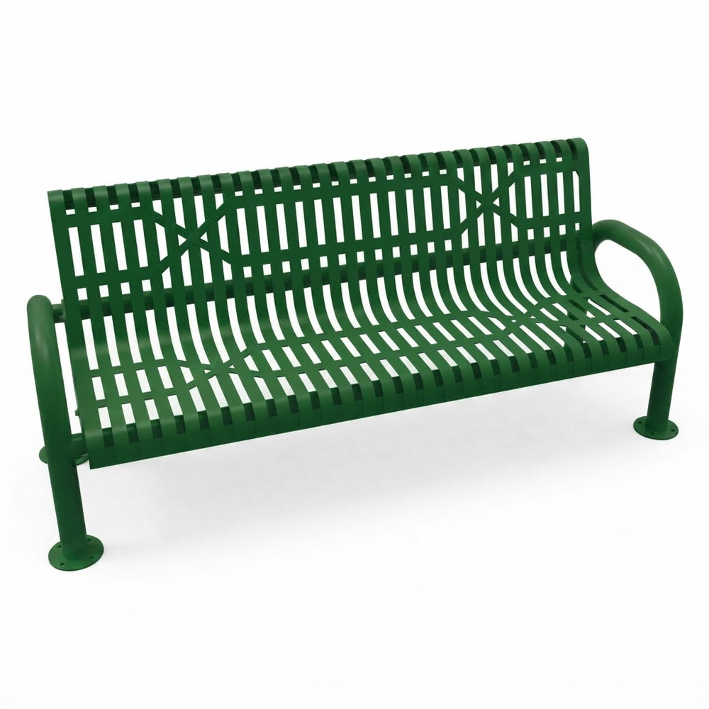 A green metal park bench with a slatted back and seat, shown at an angle on a plain white background.