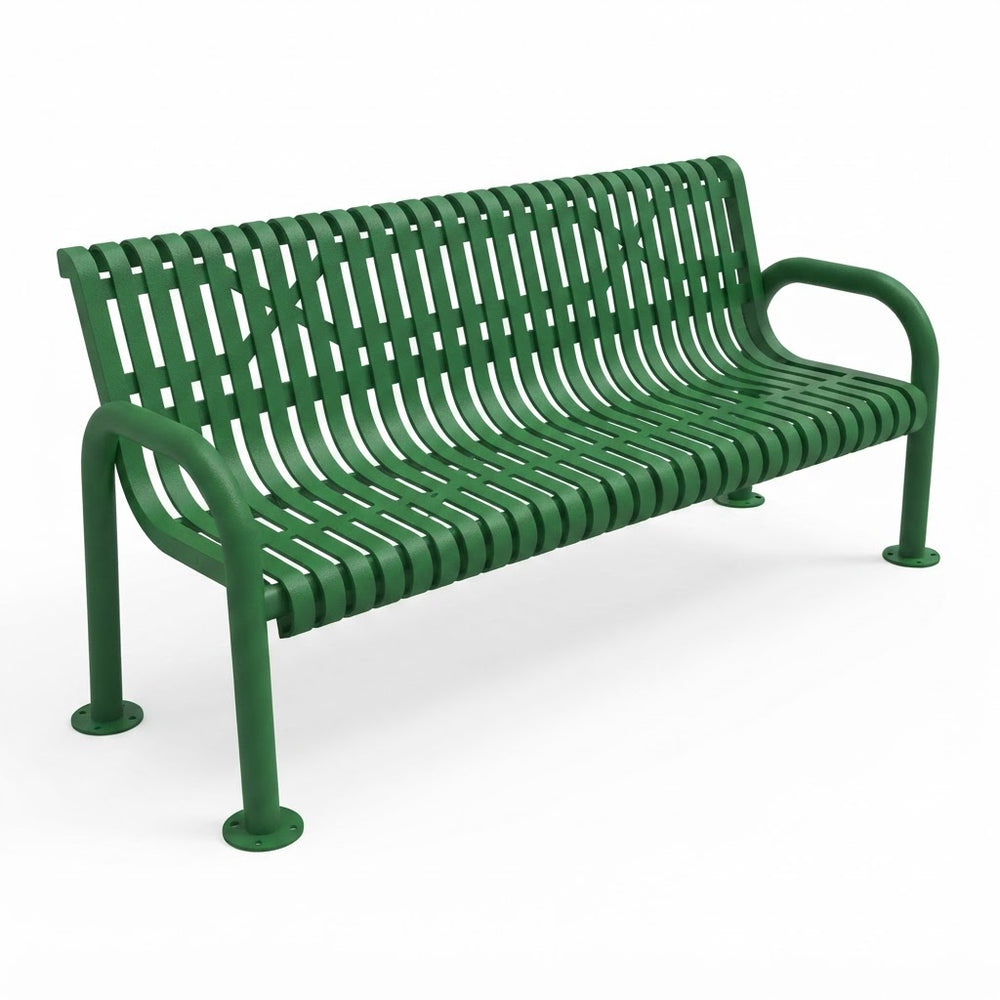A green metal park bench with a slatted back and seat, curved armrests, and round feet, shown on a plain white background.