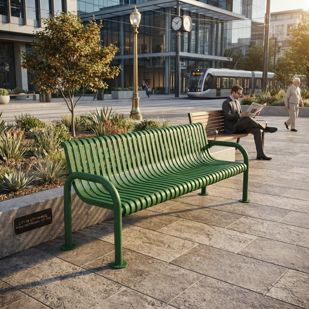 A green metal park bench in a modern city plaza, with a man sitting on a wooden bench nearby reading a newspaper. The scene includes a streetcar, glass office buildings, and landscaped planters in the background.