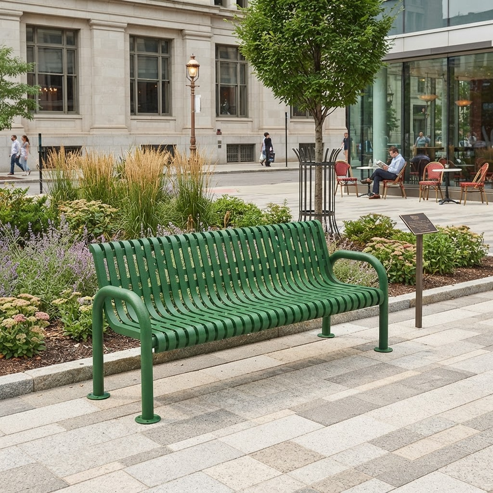 A green metal park bench with curved armrests and slatted back and seat, situated on a paved plaza in an urban outdoor setting with trees, flowers, and nearby seating areas.