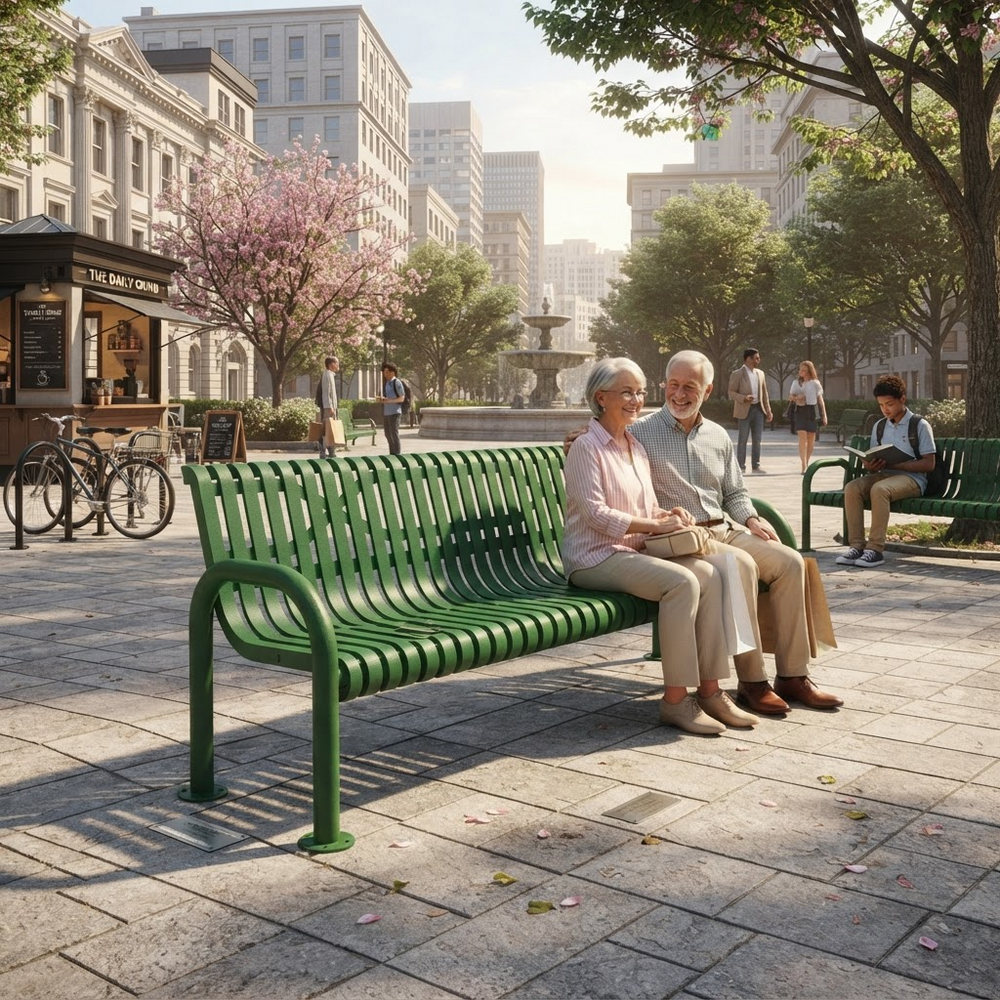 A green metal park bench in a city plaza, with an elderly couple sitting on it. The scene is set in a sunny urban park with trees, other benches, pedestrians, and buildings in the background.