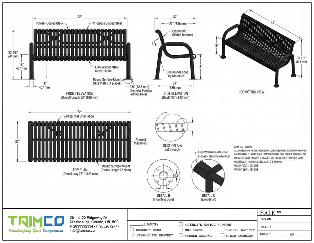 Technical architectural drawing of a black metal bench with dimensions, elevations, section details, and notes on a white background, branded with Taimco at the bottom.