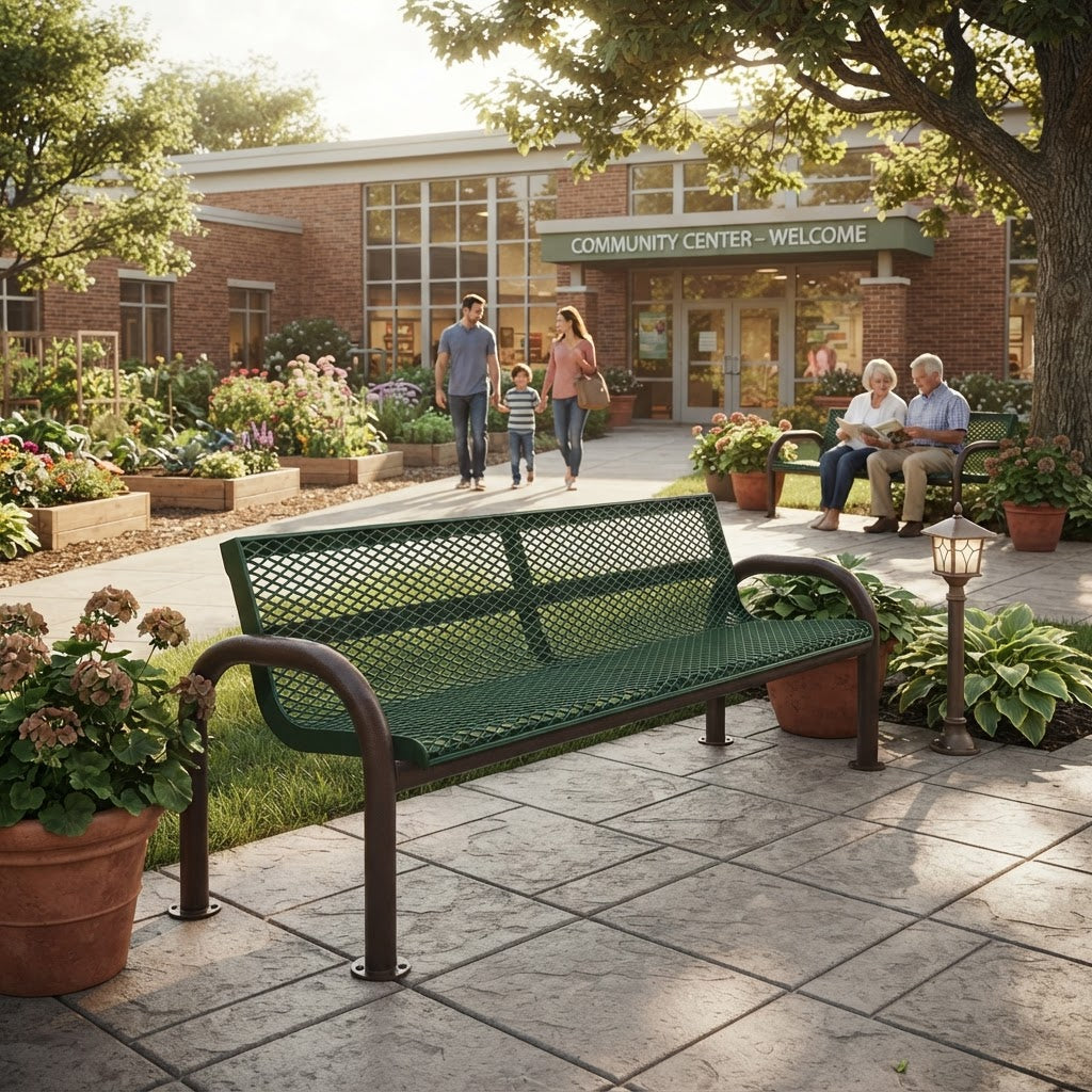 A green metal mesh park bench with dark brown curved armrests in a sunny outdoor community center plaza, with people walking and sitting nearby and a brick building in the background.
