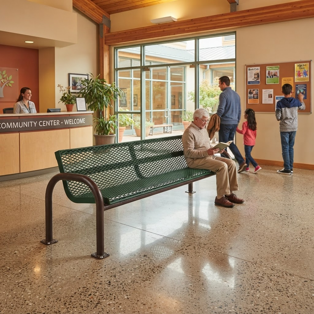 A green metal bench with a dark frame sits in a bright community center lobby. A man sits on the bench reading, while other people walk near large windows and a reception desk in the background.