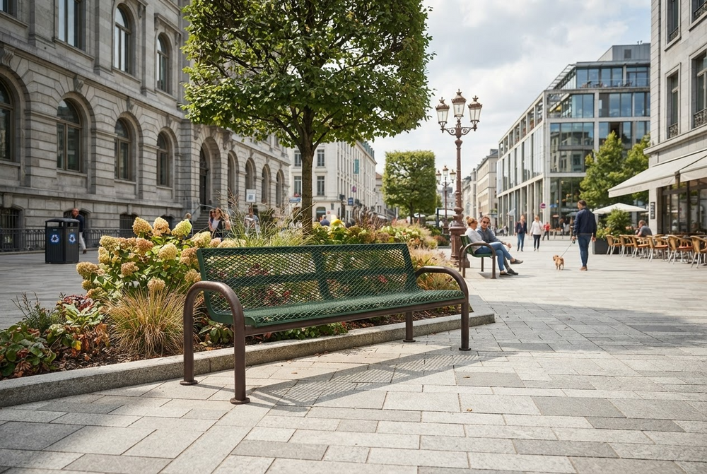 A green metal park bench with dark brown armrests sits on a paved plaza in a city square, surrounded by flower beds, trees, and pedestrians walking between modern and historic buildings.