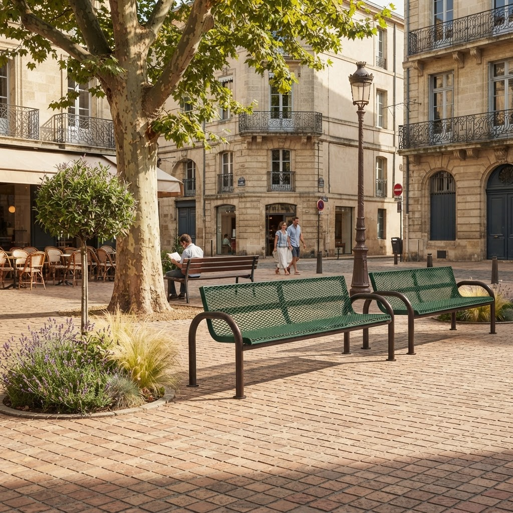 Two green metal park benches in a sunny urban plaza with stone buildings, a large tree, and a lamppost, with a few people seated and walking in the background.