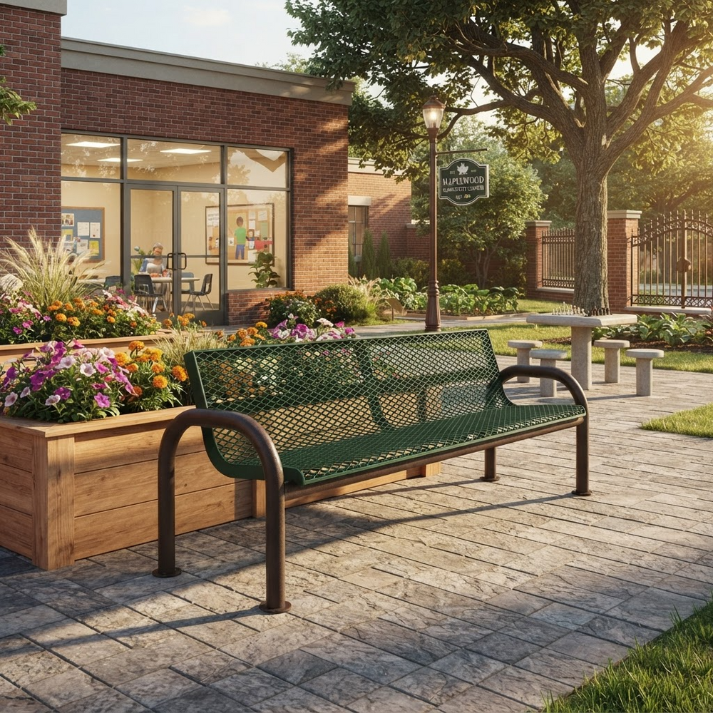 A green metal park bench with dark curved armrests sits on a stone patio in front of a brick building, with flower boxes, trees, and outdoor seating in the background.