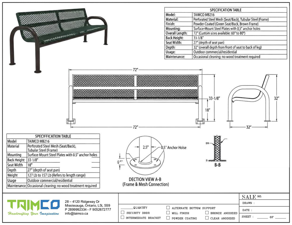 Technical specification sheet and dimension drawing for a Taimco bench, showing a rendered bench view, measurement tables, cross-sections, and anchor details on a white background.