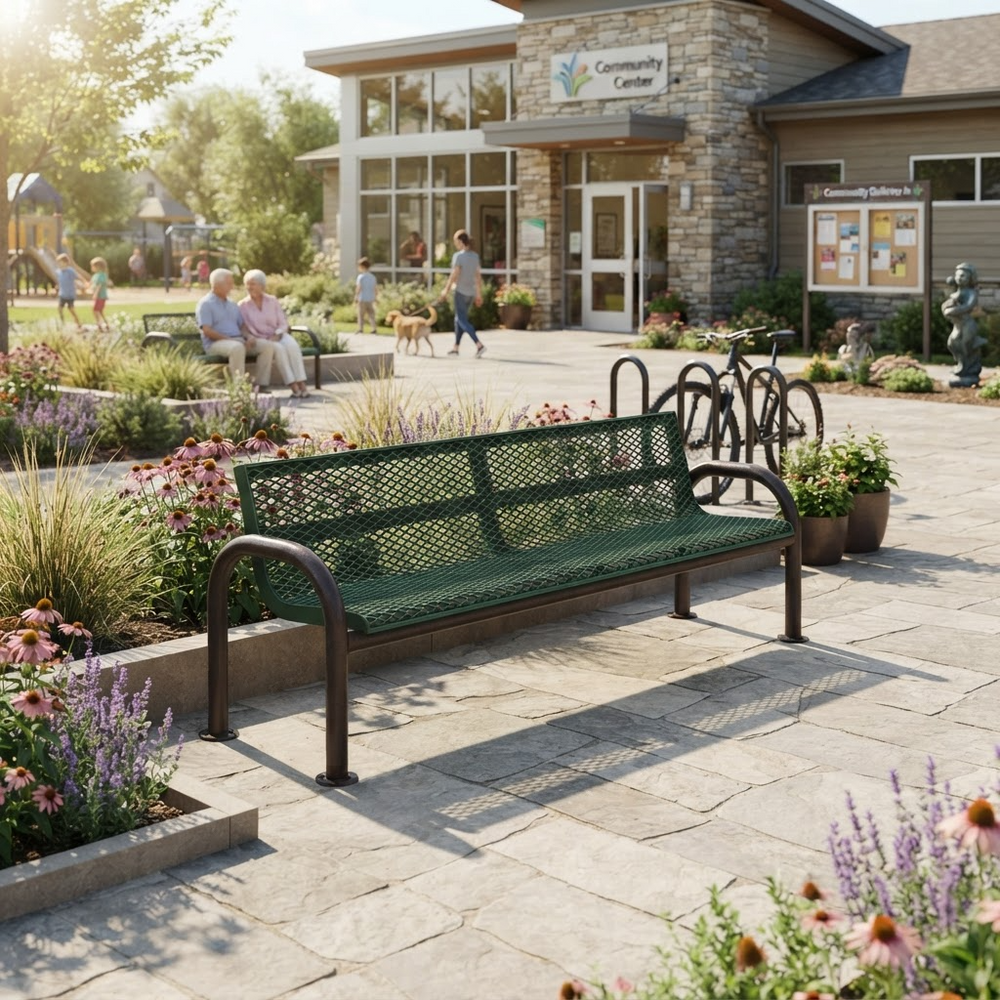 A green metal park bench with dark brown curved armrests, situated on a stone paved plaza in front of a community center building with landscaped gardens and people in the background.