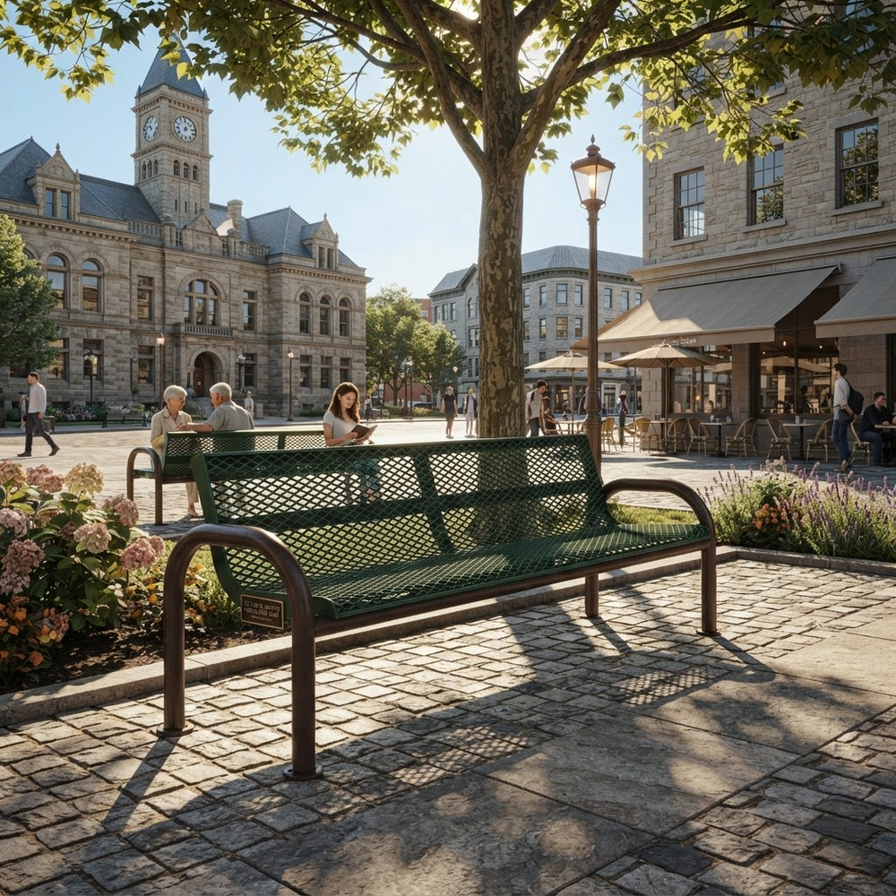 A green metal park bench in a sunny town square with stone paving, a large tree, and historic stone buildings in the background. A few people are seated at tables nearby.