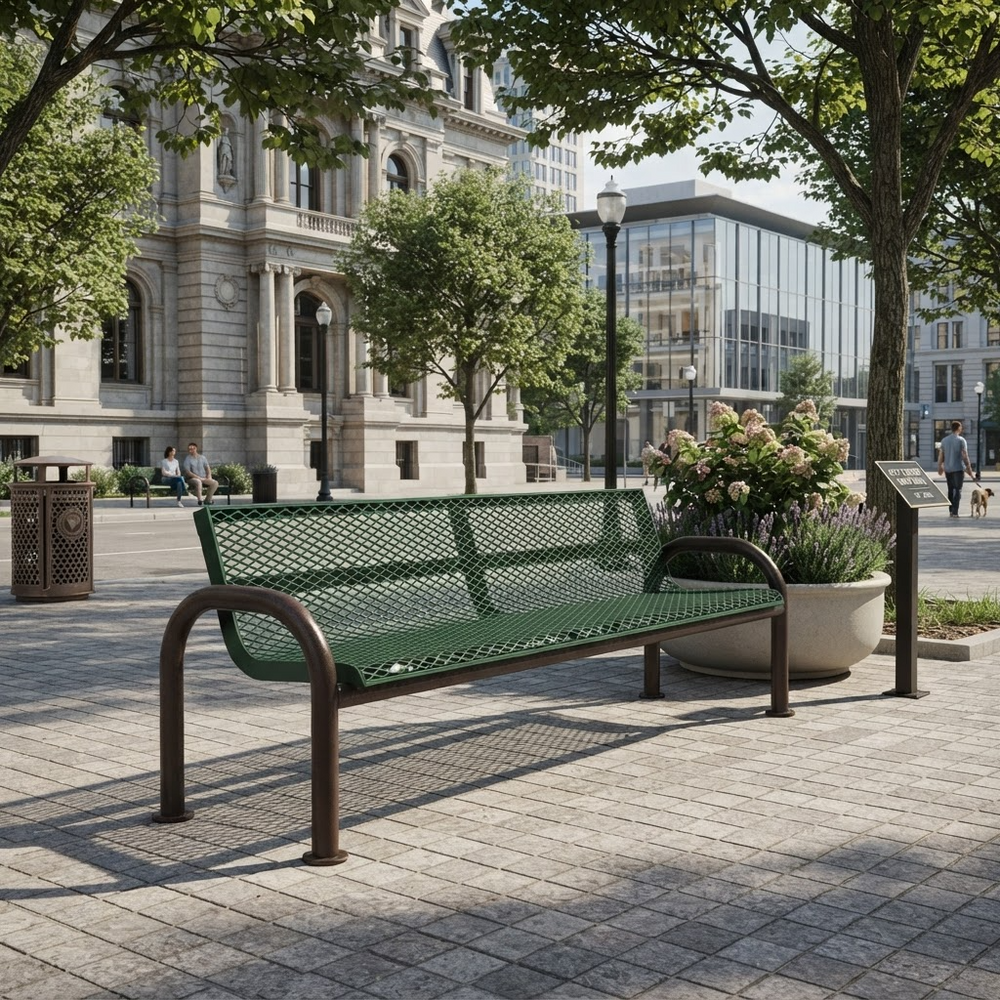 A green metal mesh park bench with dark brown curved armrests, situated on a paved plaza in a city setting with trees, historic stone buildings, and modern glass office structures in the background.