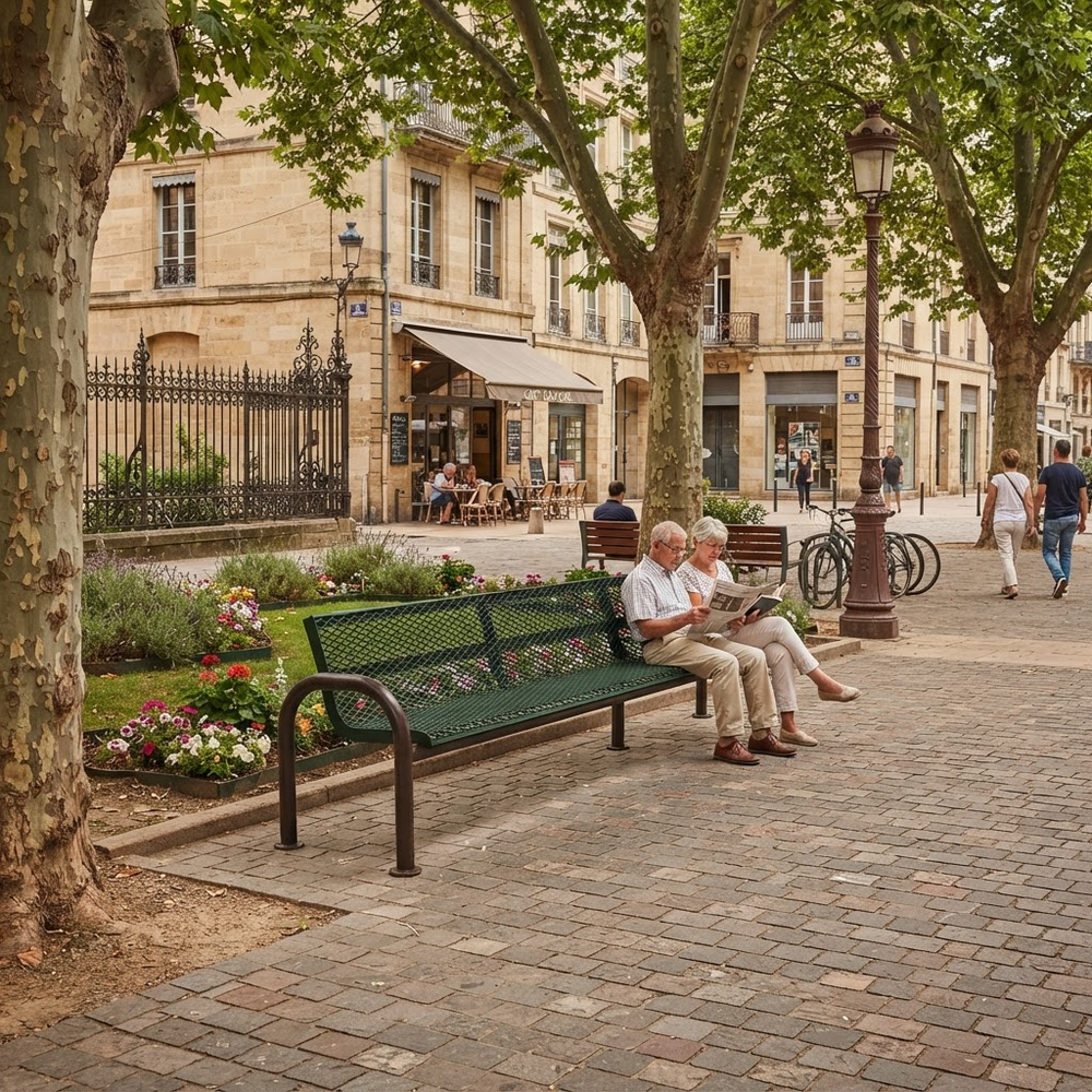 An elderly couple sits on a green metal park bench in a quiet European-style plaza, reading a newspaper. The scene is framed by leafy trees, a cobblestone path, and historic beige buildings in the background.